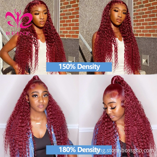 99J Colored Lace Front Human Hair Wigs Deep Wave Burgundy 13x4 HD Transparent Lace Frontal Wig Glueless Wine Red Wig For Women